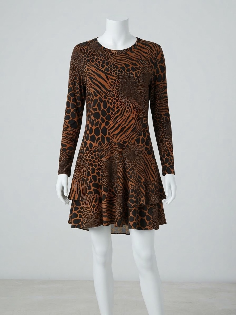 Michael Kors Brown and Black Animal-Print Long-Sleeve Ruffle-Hem Mini Dress